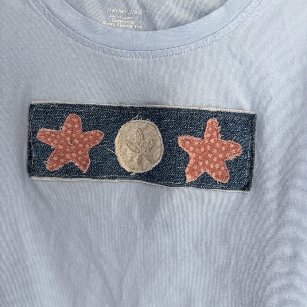 Handmade Sand Dollar Starfish Patchwork Denim Patch Womens Blue Shirt Size Small - Picture 7 of 7